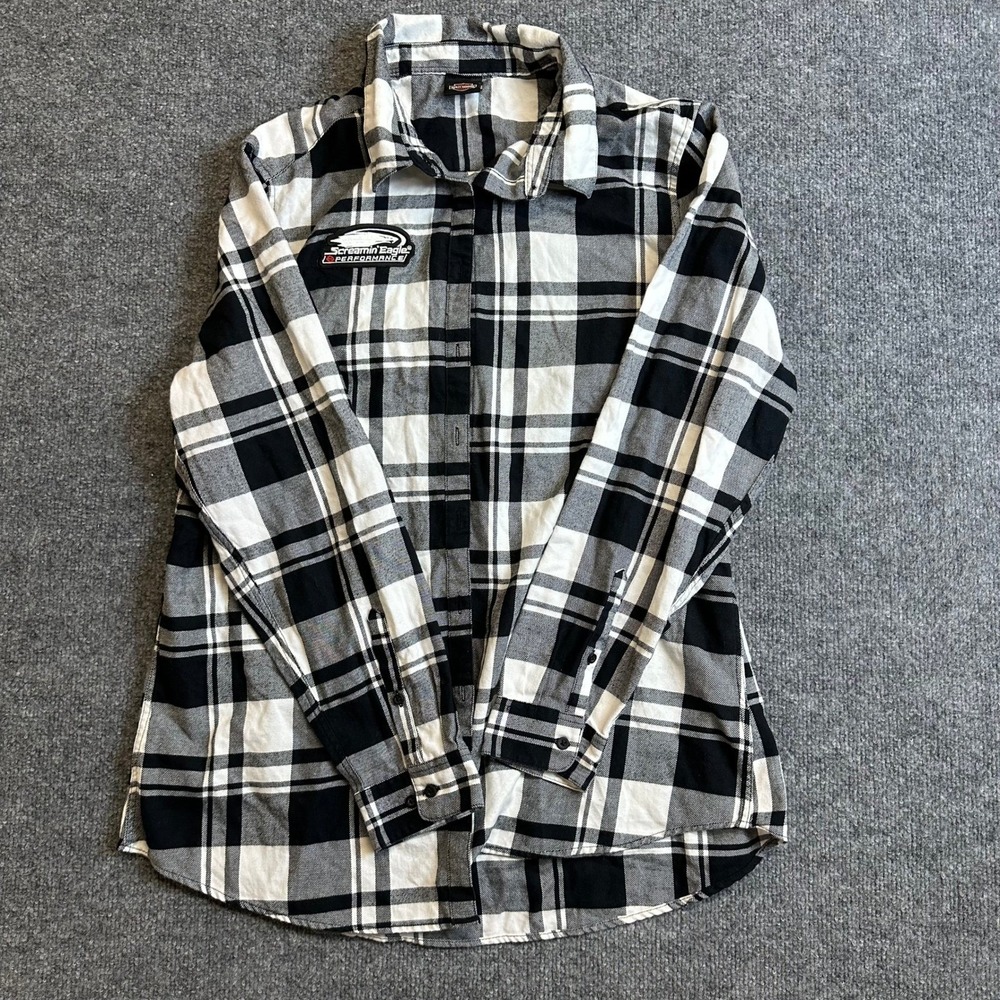 Harley-Davidson Flannel Womens Size L Black White Plaid Screamin Eagle Patch